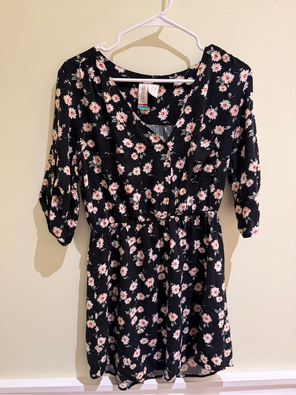 Mimi Chica Black Mini Dress with Pink Floral Print